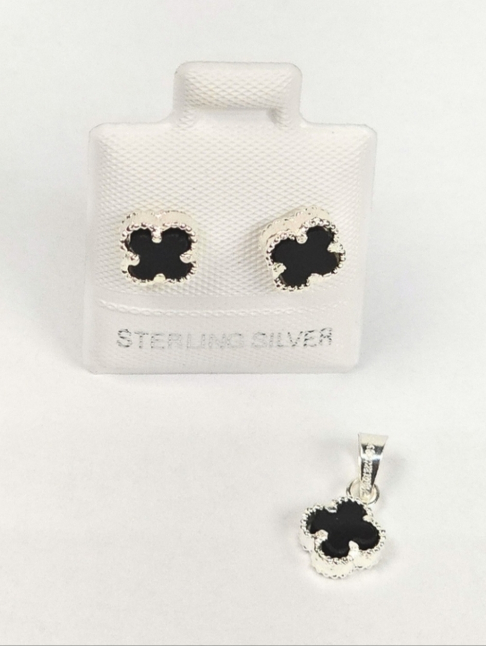 (Large) Van Clover Set 4-Leaf Black Stud Earrings & Pendant 925 Sterling Silver